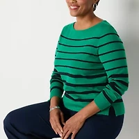 Liz Claiborne Womens Boat Neck Long Sleeve Striped Pullover Sweater