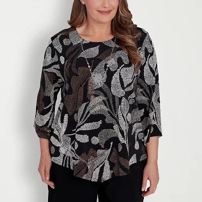 Alfred Dunner Classics Womens Plus Crew Neck 3/4 Sleeve T-Shirt