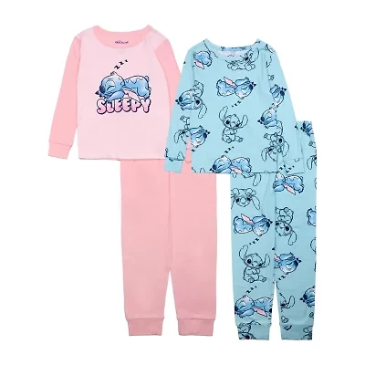 Disney Collection Little & Big Kid Girls Lilo & Stitch Crew Neck Long Sleeve 4-pc. Pajama Sets