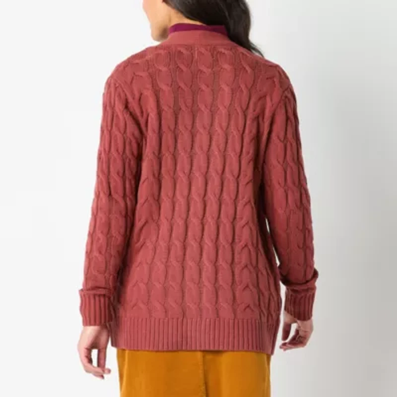 St. John's Bay Womens Long Sleeve Open Front Tall Cable Knit Cardigan