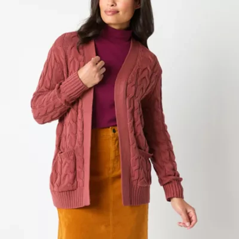 St. John's Bay Womens Long Sleeve Open Front Tall Cable Knit Cardigan