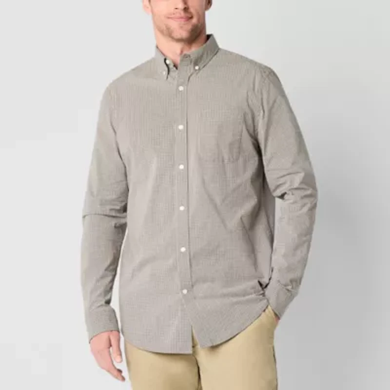 St. John's Bay Stretch Poplin Mens Long Sleeve Classic Fit Button-Down Shirt