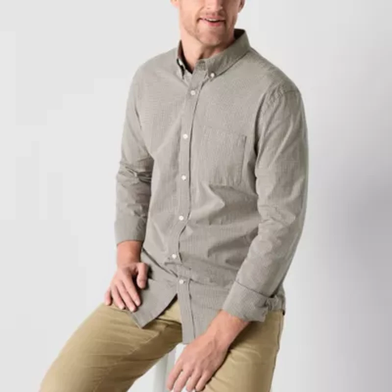 St. John's Bay Stretch Poplin Mens Long Sleeve Classic Fit Button-Down Shirt