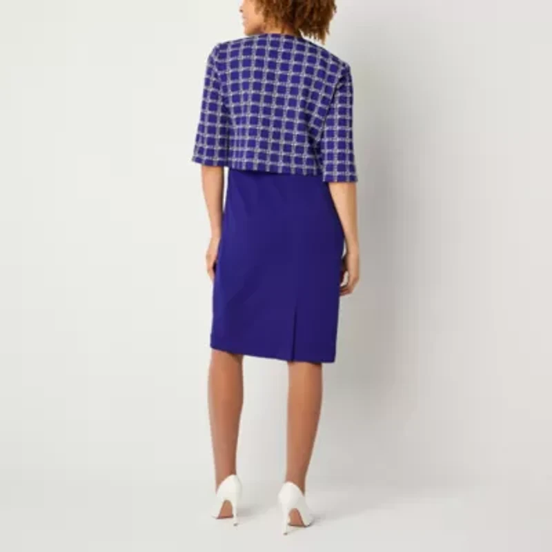 Maya Brooke Womens Pearl Trim Grid Jacket Dress