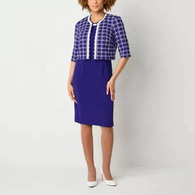 Maya Brooke Womens Pearl Trim Grid Jacket Dress