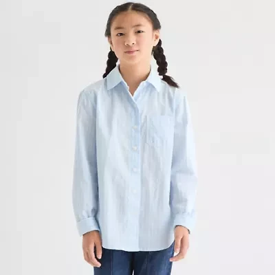 Thereabouts Little & Big Kid Girls Long Sleeve Cuffed Regular Fit Button-Down Shirt