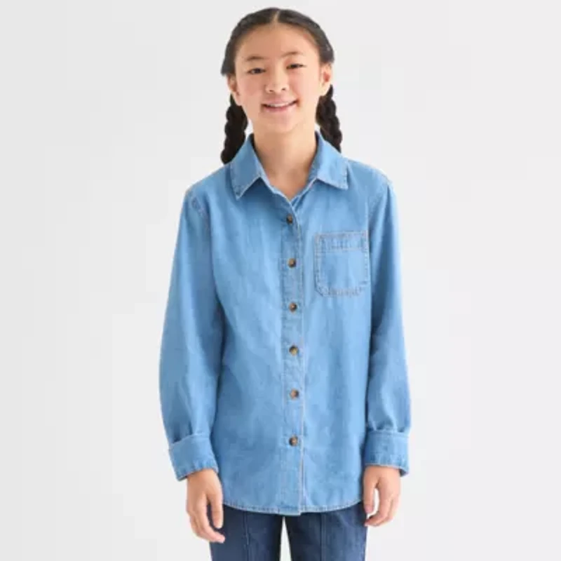 Thereabouts Little & Big Kid Girls Long Sleeve Cuffed Regular Fit Button-Down Shirt