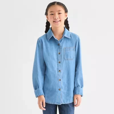Thereabouts Little & Big Kid Girls Long Sleeve Cuffed Regular Fit Button-Down Shirt