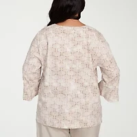 Alfred Dunner Copper Canyon Womens Split Crew Neck 3/4 Sleeve Embroidered Plus Blouse