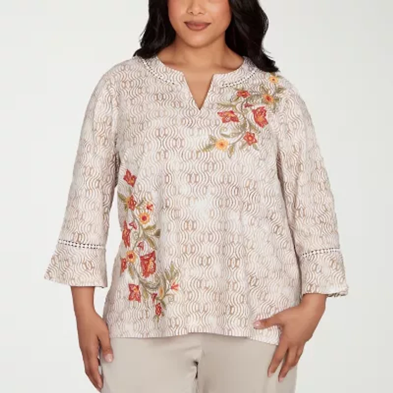 Alfred Dunner Copper Canyon Womens Split Crew Neck 3/4 Sleeve Embroidered Plus Blouse