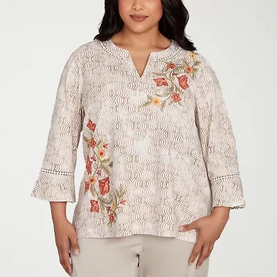 Alfred Dunner Copper Canyon Womens Split Crew Neck 3/4 Sleeve Embroidered Plus Blouse
