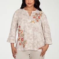 Alfred Dunner Copper Canyon Womens Split Crew Neck 3/4 Sleeve Embroidered Plus Blouse