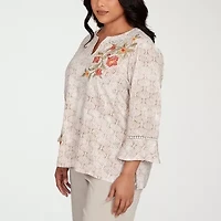 Alfred Dunner Copper Canyon Womens Split Crew Neck 3/4 Sleeve Embroidered Plus Blouse