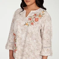 Alfred Dunner Copper Canyon Womens Split Crew Neck 3/4 Sleeve Embroidered Plus Blouse