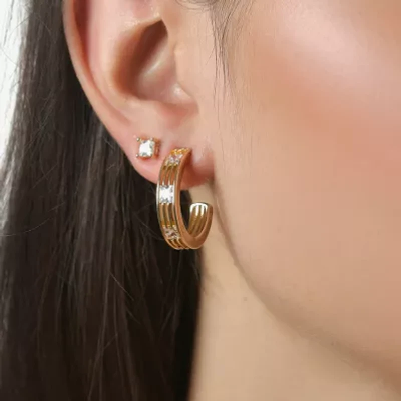 Rebecca Minkoff Womens White Cubic Zirconia 14K Gold Over Brass 2 Pair Earring Set