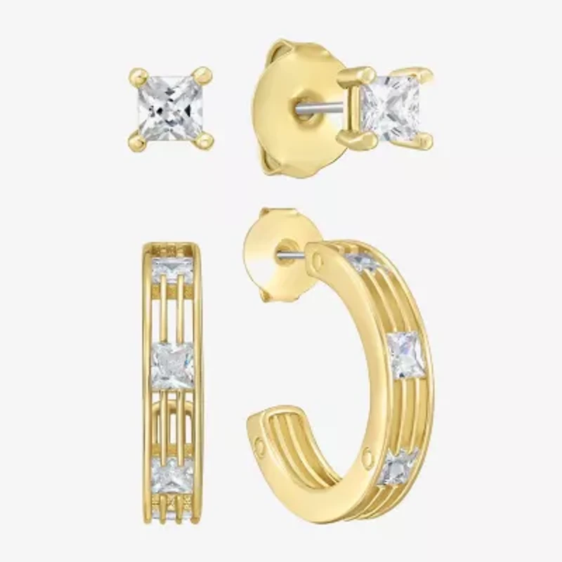 Rebecca Minkoff Womens White Cubic Zirconia 14K Gold Over Brass 2 Pair Earring Set
