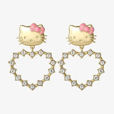 Womens Crystal 18K Gold Over Brass Round Hello Kitty Drop Earrings