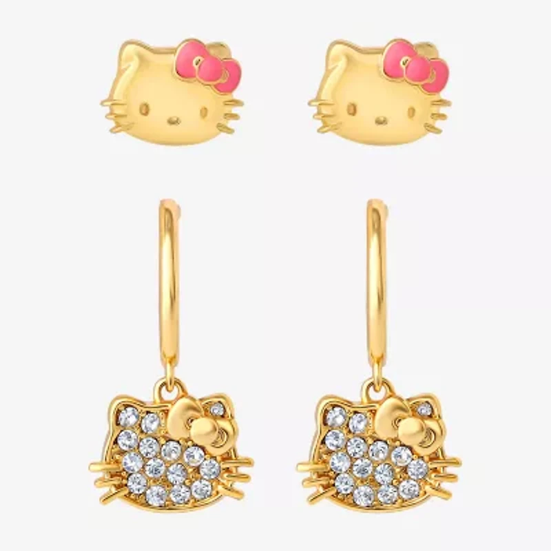 Crystal 18K Gold Over Brass 10.5mm Round Hello Kitty Stud Earrings