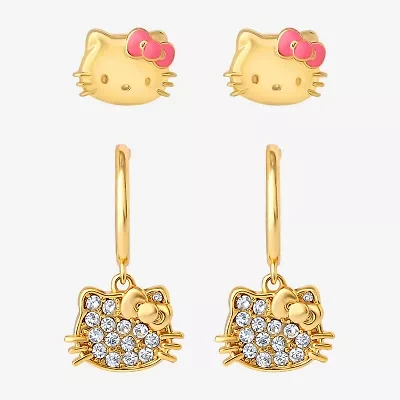 Crystal 18K Gold Over Brass 10.5mm Round Hello Kitty Stud Earrings