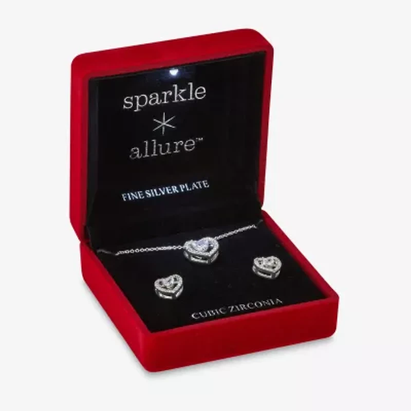 Sparkle Allure Light Up Box Womens Cubic Zirconia Pure Silver Over Brass Heart 2-pc. Jewelry Set