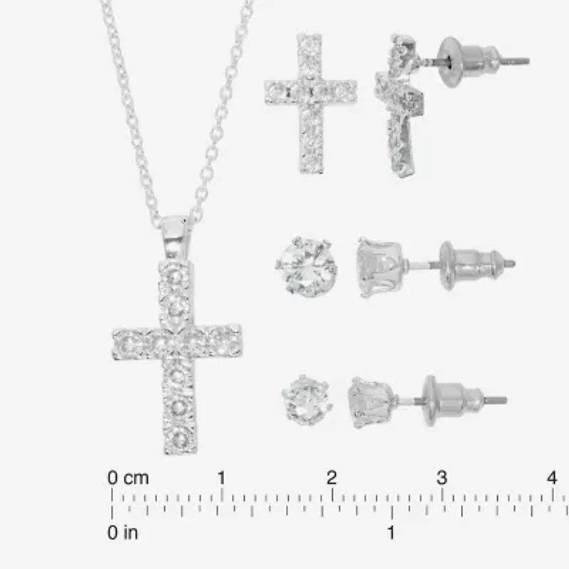Sparkle Allure Light Up Box Womens Cubic Zirconia Pure Silver Over Brass Cross 4-pc. Jewelry Set