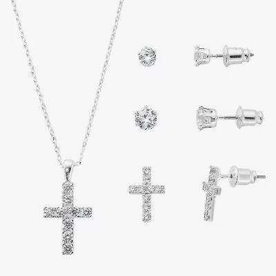 Sparkle Allure Light Up Box Womens Cubic Zirconia Pure Silver Over Brass Cross 4-pc. Jewelry Set