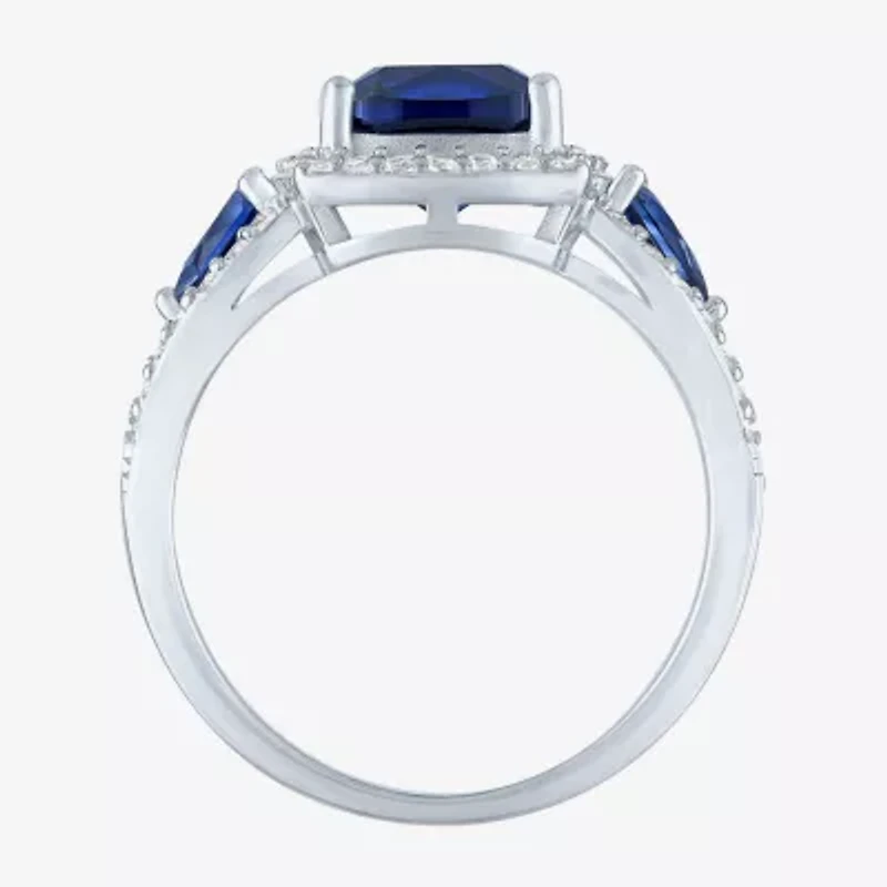 Womens Lab Created Blue Sapphire Sterling Silver Halo Side Stone Cocktail Ring
