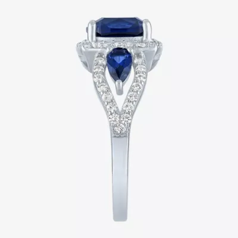 Womens Lab Created Blue Sapphire Sterling Silver Halo Side Stone Cocktail Ring