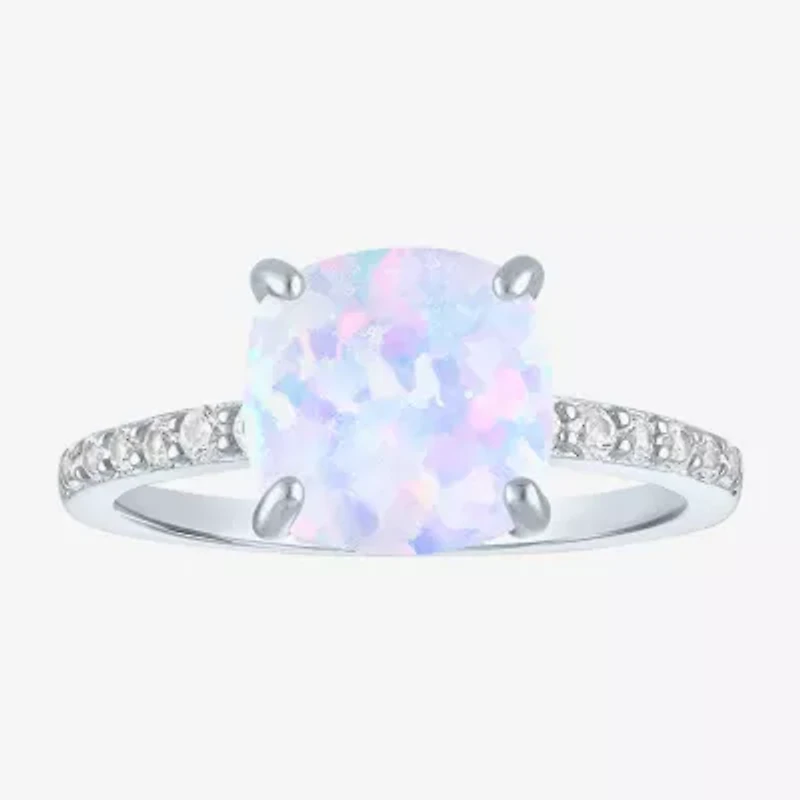 Womens Lab Created Gemstone Sterling Silver Side Stone Solitaire Cushion Cocktail Ring