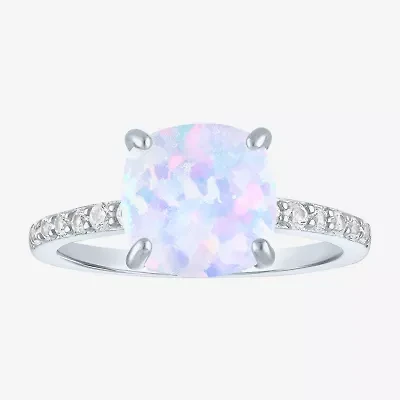 Womens Lab Created Gemstone Sterling Silver Side Stone Solitaire Cushion Cocktail Ring