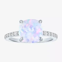 Womens Lab Created Gemstone Sterling Silver Side Stone Solitaire Cushion Cocktail Ring