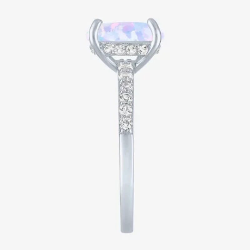 Womens Lab Created Gemstone Sterling Silver Side Stone Solitaire Cushion Cocktail Ring