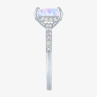 Womens Lab Created Gemstone Sterling Silver Side Stone Solitaire Cushion Cocktail Ring