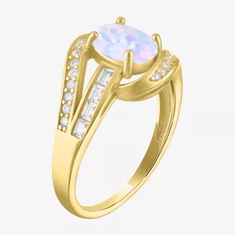 Womens Lab Created White Opal 14K Gold Over Silver Crossover Side Stone Cocktail Ring