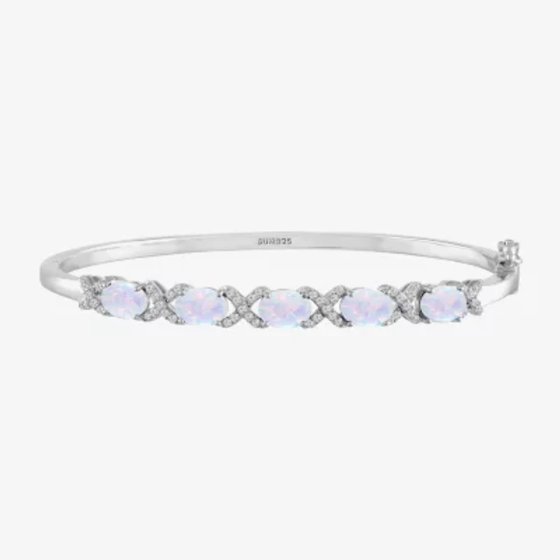 Womens Lab Created White Opal Casted Sterling Silver Bangle Bracelet