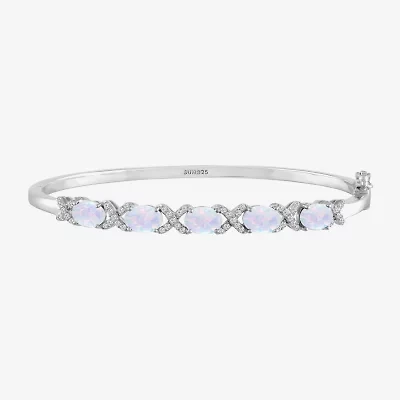 Womens Lab Created White Opal Casted Sterling Silver Bangle Bracelet