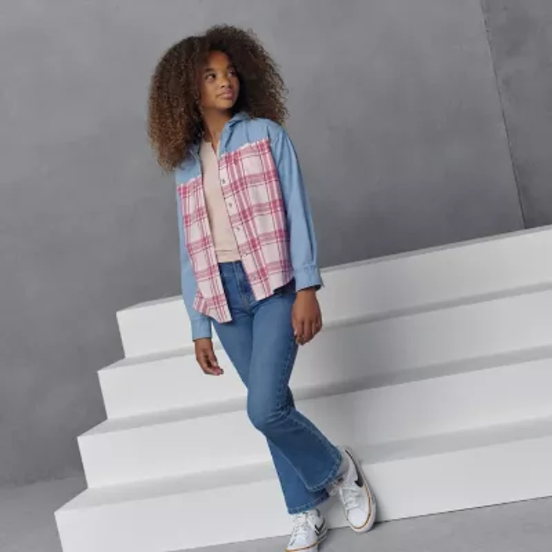 Levi's® Big Kid Girls Hooded Long Sleeve Regular Fit Button-Down Shirt