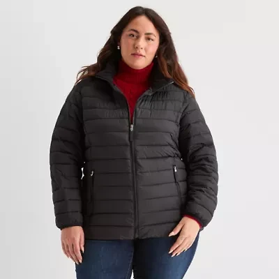 St. John's Bay Womens Plus Hooded Midweight Puffer Jacket