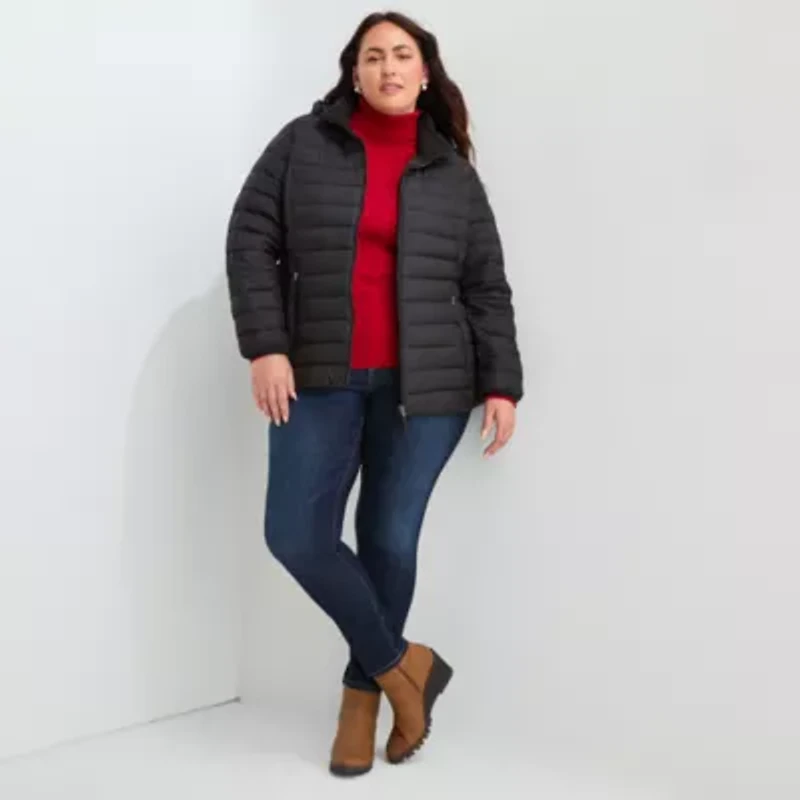 St. John's Bay Womens Plus Hooded Midweight Puffer Jacket