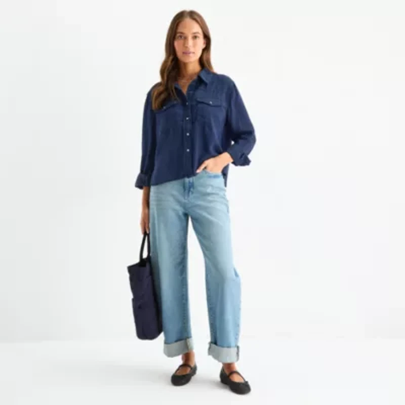 a.n.a Womens Cuffed Long Sleeve Regular Fit Button-Down Shirt