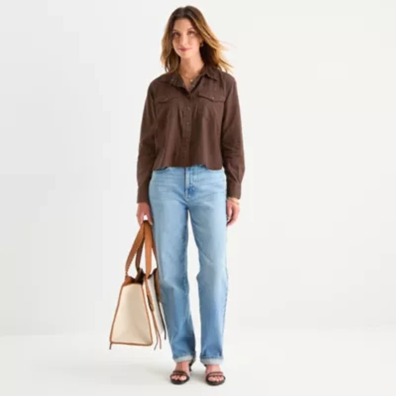 a.n.a Womens Long Sleeve Cuffed Regular Fit Button-Down Shirt