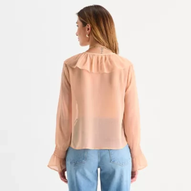 a.n.a Ruffle Womens V Neck Long Sleeve Blouse