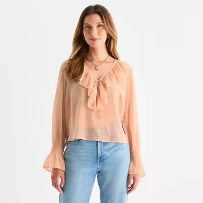 a.n.a Ruffle Womens V Neck Long Sleeve Blouse