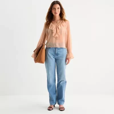a.n.a Ruffle Womens V Neck Long Sleeve Blouse