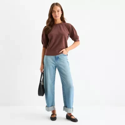 a.n.a Womens Crew Neck Elbow Sleeve Sweatshirt