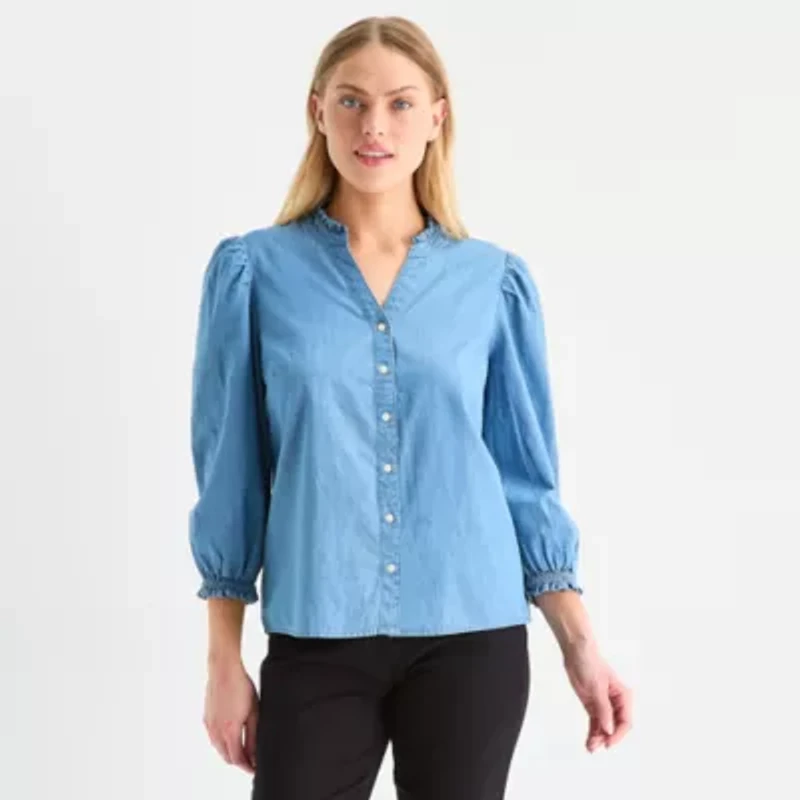 St. John's Bay Womens 3/4 Sleeve Denim Blouse