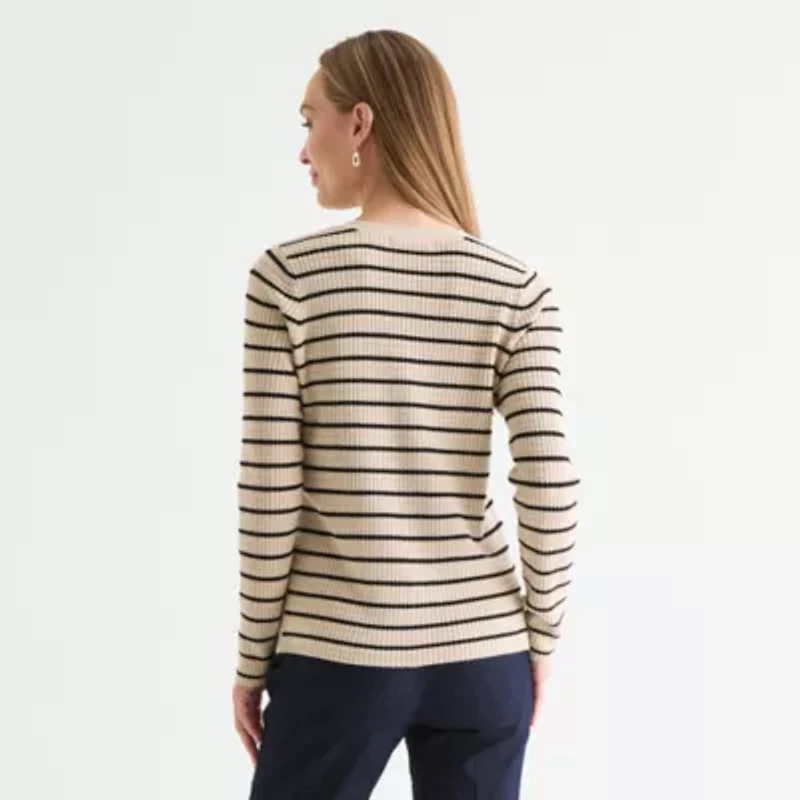 Liz Claiborne Womens Crew Neck Long Sleeve Striped Pullover Sweater