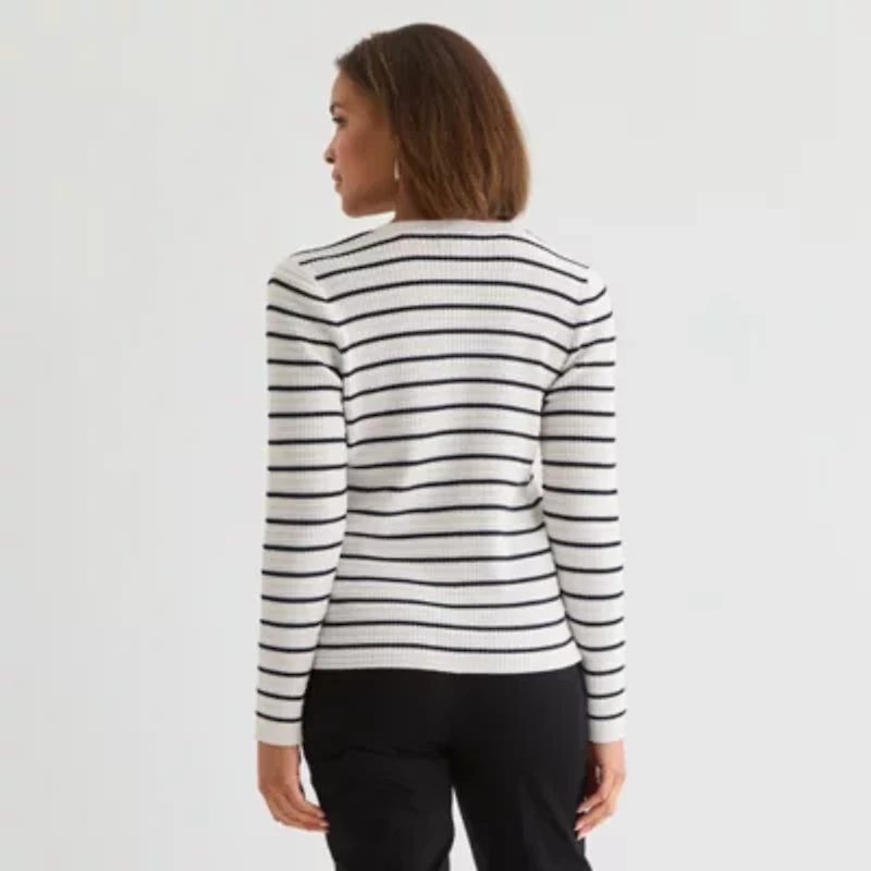 Liz Claiborne Womens Crew Neck Long Sleeve Striped Pullover Sweater