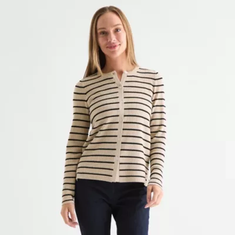 Liz Claiborne Womens Crew Neck Long Sleeve Striped Pullover Sweater