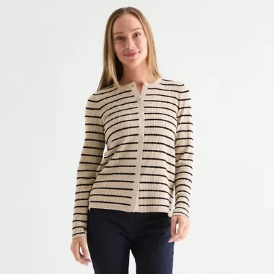 Liz Claiborne Womens Crew Neck Long Sleeve Striped Pullover Sweater